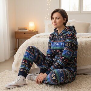 Cat & Jack Junior Multicolor Hooded Holiday-Themed Fleece Pajamas Size Small